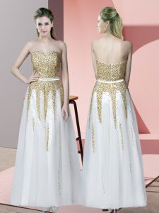 Affordable White Sleeveless Floor Length Beading Zipper Homecoming Dress