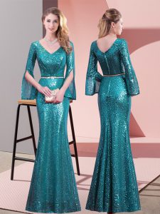 Long Sleeves Sequined Floor Length Zipper Prom Party Dress in Teal with Belt