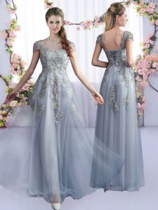 Grey Tulle Lace Up Dama Dress for Quinceanera Cap Sleeves Floor Length Lace
