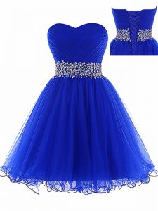 Delicate Mini Length Royal Blue Prom Party Dress Tulle Sleeveless Ruching