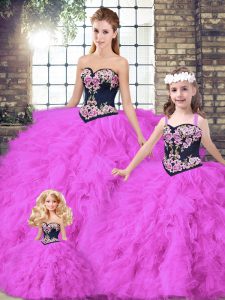 Sophisticated Fuchsia Ball Gowns Sweetheart Sleeveless Tulle Floor Length Lace Up Beading and Embroidery Quinceanera Gow