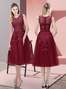 Flare Tea Length Lace Up Burgundy for Prom and Party with Beading and Lace and Appliques