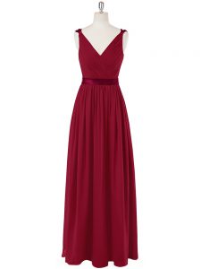 Chic Wine Red Chiffon Zipper Homecoming Dress Sleeveless Floor Length Ruching and Belt