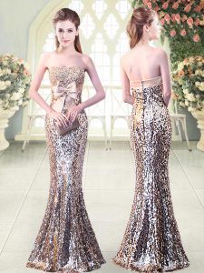 Silver Zipper Strapless Beading and Sequins and Bowknot Dress for Prom Sequined Sleeveless