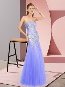 Exceptional Lavender Column/Sheath Sweetheart Sleeveless Tulle Floor Length Zipper Beading Homecoming Dress