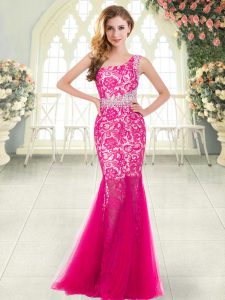 Hot Pink Mermaid Beading and Lace Homecoming Dress Zipper Tulle Sleeveless Floor Length