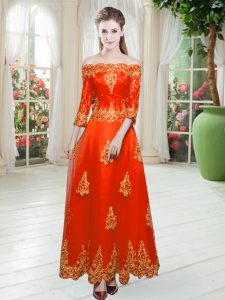 Perfect Off The Shoulder 3 4 Length Sleeve Lace Up Prom Dresses Orange Red Tulle