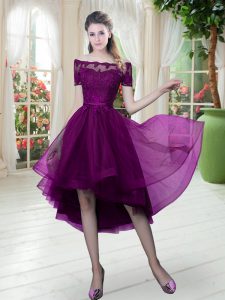 Discount Purple Lace Up Off The Shoulder Lace Prom Dresses Tulle Short Sleeves