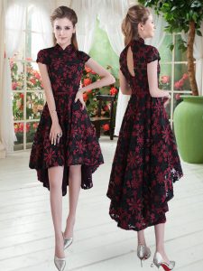 A-line Prom Dresses Red And Black High-neck Lace Short Sleeves High Low Zipper