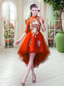 High-neck Half Sleeves Zipper Prom Evening Gown Orange Red Tulle