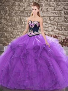 Purple Ball Gowns Sweetheart Sleeveless Tulle Floor Length Lace Up Beading and Embroidery Ball Gown Prom Dress