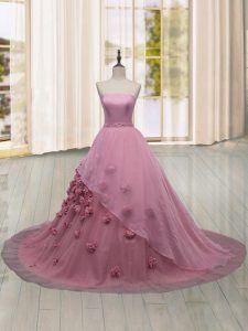 Pink Ball Gowns Strapless Sleeveless Tulle Brush Train Lace Up Hand Made Flower 15th Birthday Dress