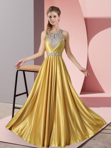 Gold Sleeveless Floor Length Beading Lace Up Prom Dresses