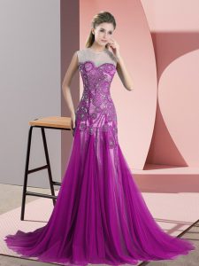 Purple Sleeveless Beading and Appliques Backless Prom Dresses