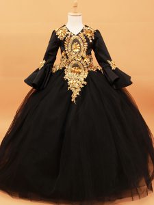Most Popular Black Kids Formal Wear Beading and Appliques Long Sleeves Floor Length