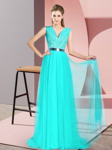 Captivating Turquoise V-neck Neckline Beading and Lace Prom Dresses Sleeveless Zipper