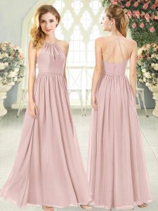 Superior Floor Length Pink Homecoming Dress Chiffon Sleeveless Ruching