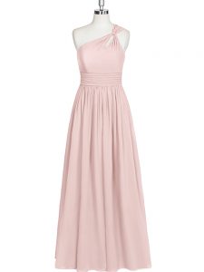 Fine Baby Pink Dress for Prom Prom and Party and Military Ball with Ruching One Shoulder Sleeveless Side Zipper