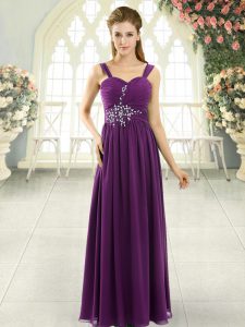 Dynamic Dark Purple Empire Spaghetti Straps Sleeveless Chiffon Floor Length Lace Up Beading and Ruching Prom Evening Gow