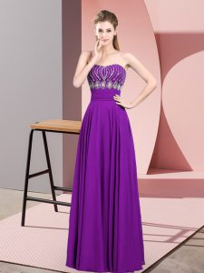 Purple Empire Beading Prom Evening Gown Zipper Chiffon Sleeveless Floor Length