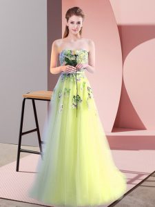 Best Selling Yellow Green Lace Up Prom Gown Appliques Sleeveless Floor Length