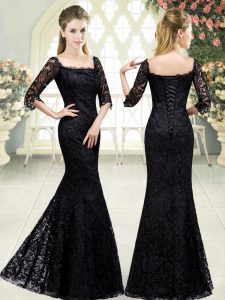 Top Selling Half Sleeves Organza Sweep Train Lace Up in Black with Beading and Lace