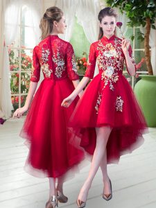 Red Tulle Zipper Prom Party Dress Half Sleeves High Low Appliques