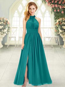 Ankle Length Teal Prom Gown Chiffon Sleeveless Ruching