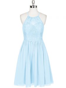Mini Length Light Blue Prom Gown Chiffon Sleeveless Lace