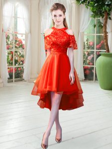 High-neck Short Sleeves Homecoming Dress High Low Lace Rust Red Tulle