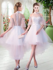 White Prom Party Dress Prom and Party with Lace High-neck Half Sleeves Zipper