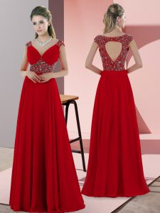 Sleeveless Satin Sweep Train Lace Up Prom Party Dress in Red with Beading