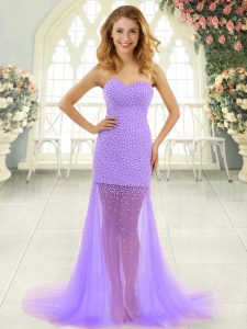 Hot Sale Zipper Prom Gown Lavender for Prom and Party with Beading Brush Train