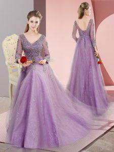 Attractive Lavender Lace Up V-neck Beading and Appliques Prom Gown Tulle Long Sleeves Sweep Train