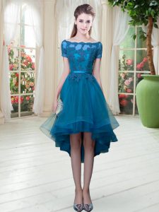 Short Sleeves Lace Up High Low Appliques Prom Dresses