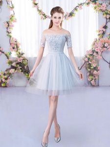 Mini Length Grey Wedding Party Dress Off The Shoulder Short Sleeves Lace Up