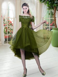 Wonderful Short Sleeves Tulle High Low Lace Up Evening Dress in Olive Green with Lace