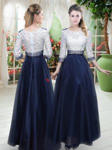 Navy Blue Scoop Neckline Beading and Lace Dress for Prom 3 4 Length Sleeve Zipper