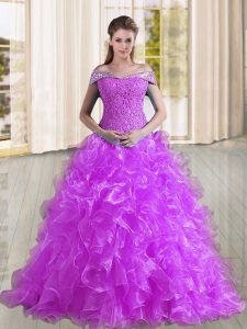 Purple Lace Up Quince Ball Gowns Beading and Lace and Ruffles Sleeveless Sweep Train