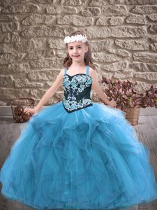 Baby Blue Sleeveless Tulle Lace Up Little Girls Pageant Dress Wholesale for Party and Wedding Party