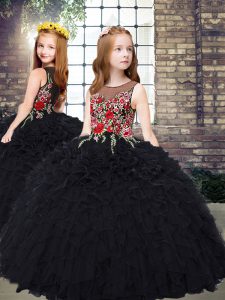 Black Sleeveless Floor Length Embroidery and Ruffles Zipper Little Girl Pageant Dress
