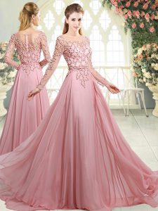 Sophisticated Long Sleeves Beading Zipper Homecoming Dress with Pink Sweep Train