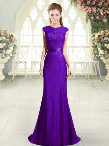 Superior Sleeveless Beading Backless Dress for Prom with Dark Purple Sweep Train