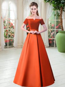 Fabulous Orange Red Satin Lace Up Prom Dresses Short Sleeves Floor Length Belt
