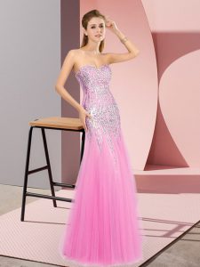 Floor Length Zipper Homecoming Dress Rose Pink for Prom and Party with Beading