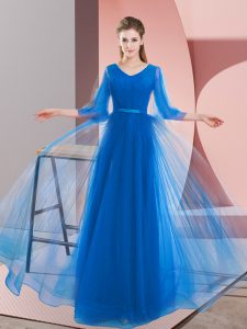 V-neck Long Sleeves Lace Up Prom Dress Blue Tulle