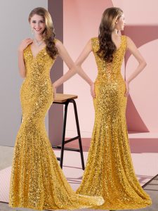 Latest V-neck Sleeveless Sweep Train Lace Up Prom Gown Gold Sequined