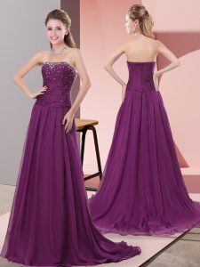 A-line Sleeveless Purple Dress for Prom Sweep Train Zipper