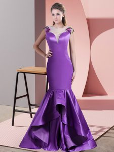 Eggplant Purple Sleeveless Satin Sweep Train Side Zipper Evening Dress for Prom and Party and Military Ball