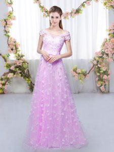Perfect Floor Length Lilac Quinceanera Court of Honor Dress Tulle Cap Sleeves Appliques